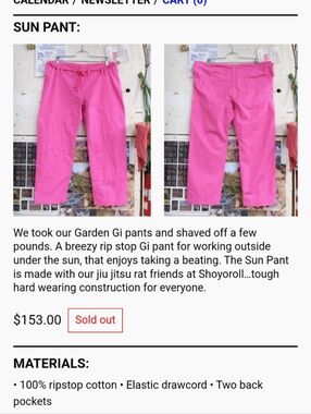 Cactus Store x Shoyoroll Sun Pants Pink Ripstop Cropped A2 L/XL Pantalon Soleil